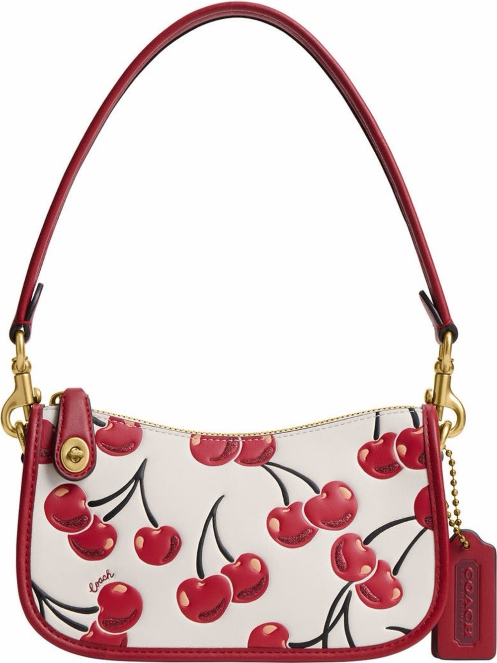 Coach Cherry Print Leather swinger Shoulder Bag in White and Red